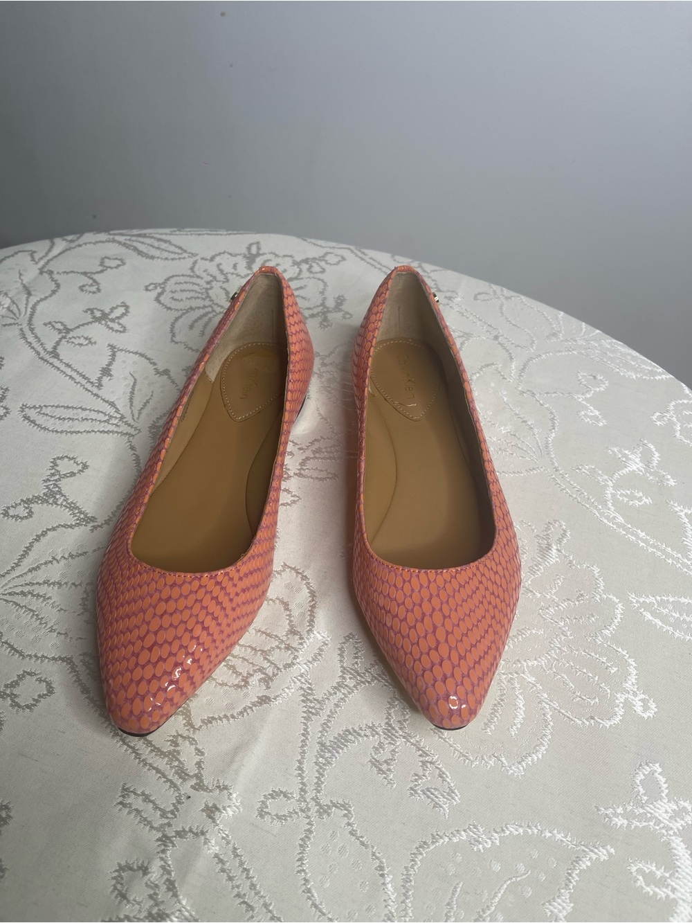Calvin Klein Orange Snake-Print Pointed-Toe Flats
